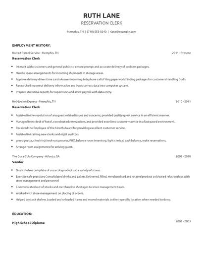Reservation Clerk Resume