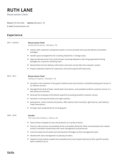 Reservation Clerk Resume