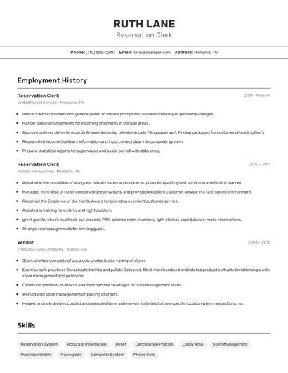 Reservation Clerk Resume