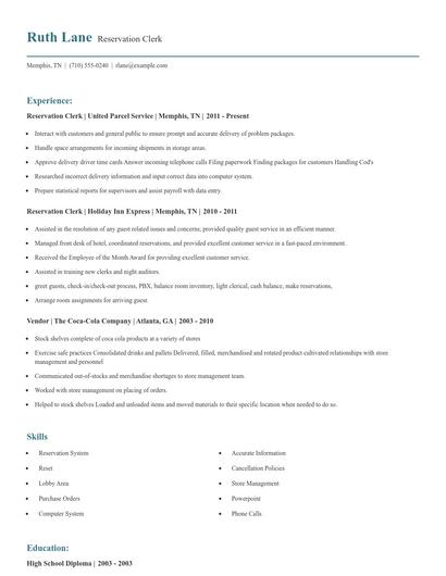 Reservation Clerk Resume