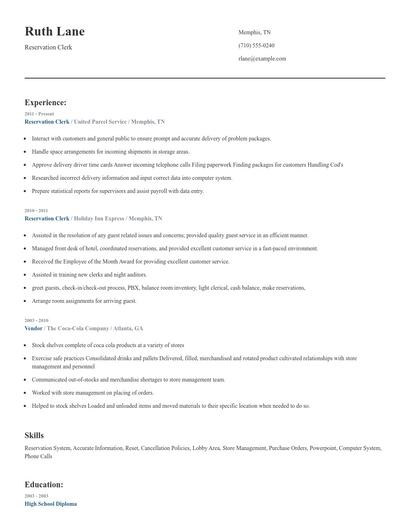 Reservation Clerk Resume