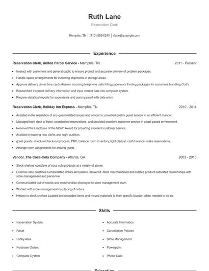 Reservation Clerk Resume