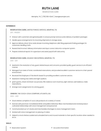 Reservation Clerk Resume