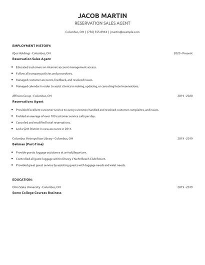 Reservation Sales Agent Resume