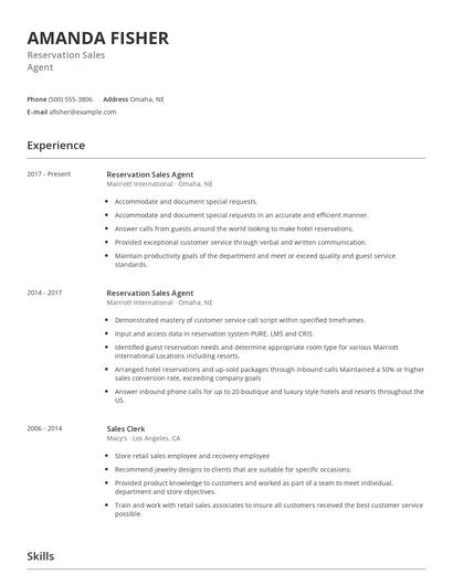 Reservation Sales Agent Resume