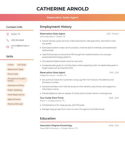Reservation Sales Agent Resume