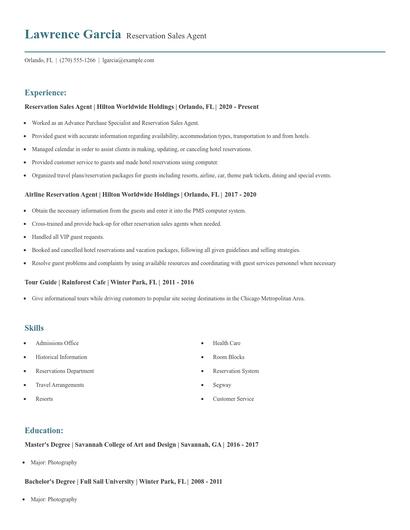 Reservation Sales Agent Resume