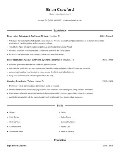 Reservation Sales Agent Resume