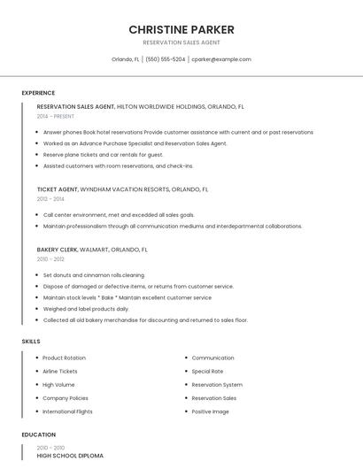 Reservation Sales Agent Resume