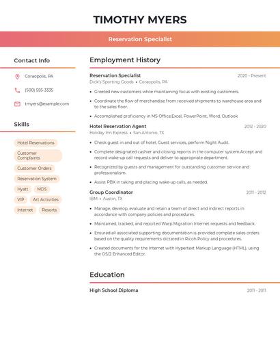 Reservation Specialist Resume