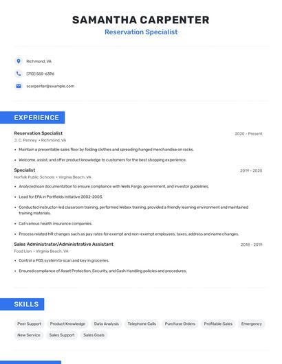 Reservation Specialist Resume