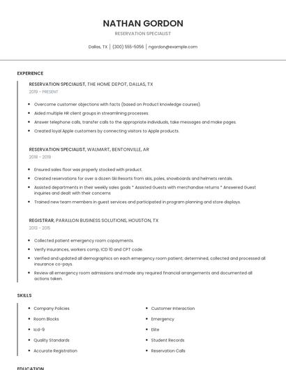Reservation Specialist Resume