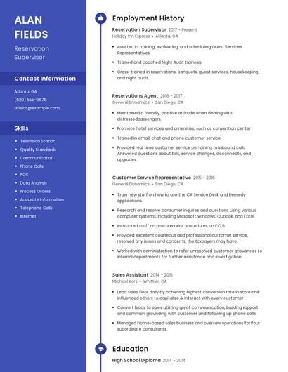 Reservation Supervisor Resume