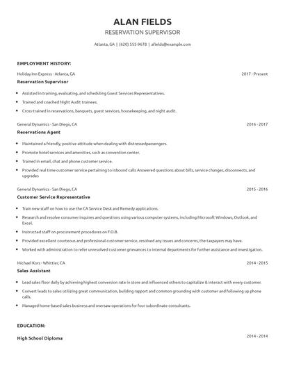 Reservation Supervisor Resume