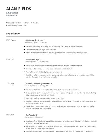 Reservation Supervisor Resume