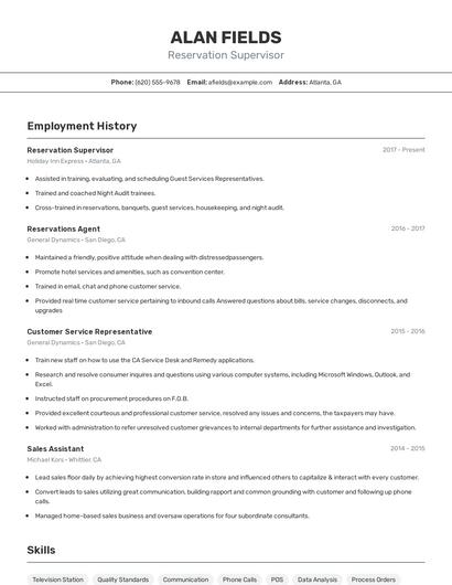Reservation Supervisor Resume
