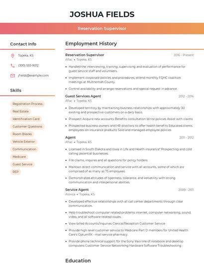 Reservation Supervisor Resume