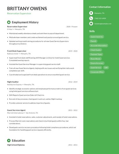 Reservation Supervisor Resume