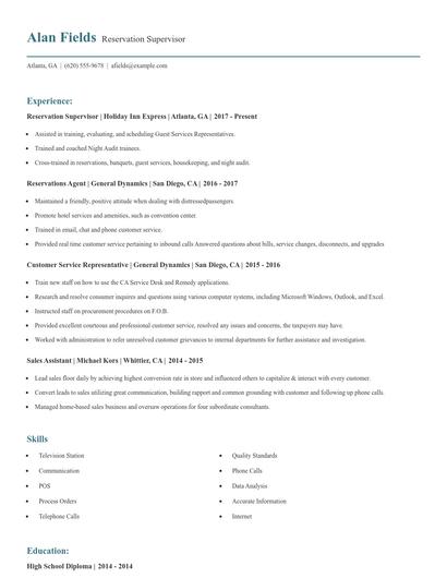 Reservation Supervisor Resume