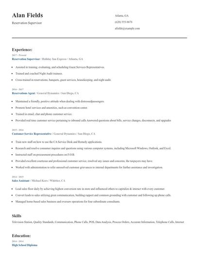 Reservation Supervisor Resume