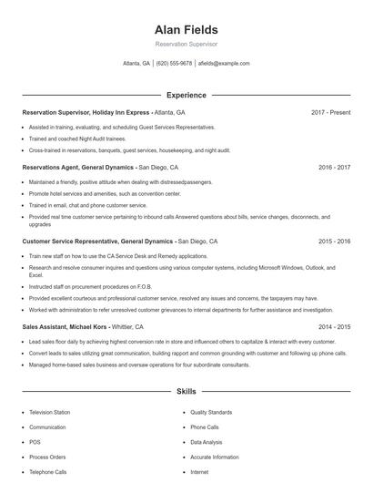 Reservation Supervisor Resume