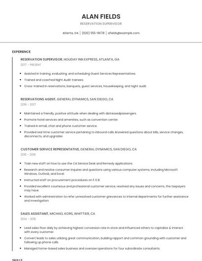 Reservation Supervisor Resume