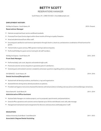 Reservations Manager Resume