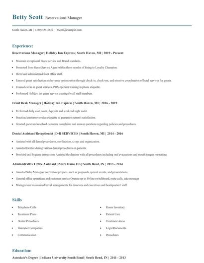 Reservations Manager Resume