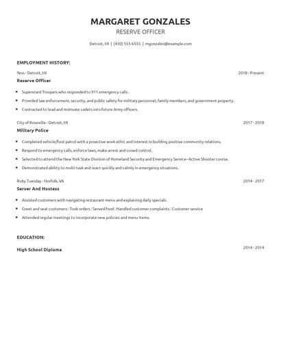 Reserve Officer Resume