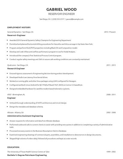 Reservoir Engineer Resume