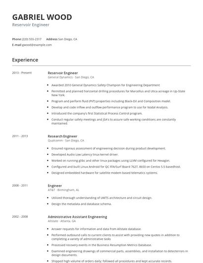 Reservoir Engineer Resume