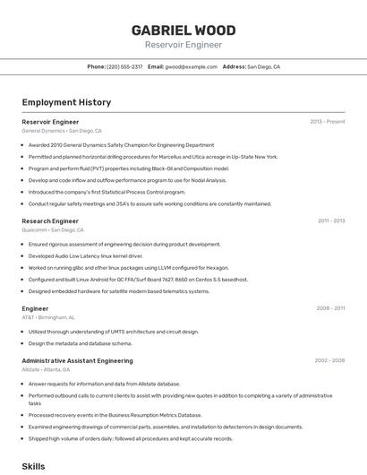 Reservoir Engineer Resume