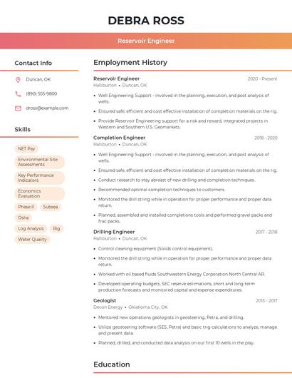 Reservoir Engineer Resume