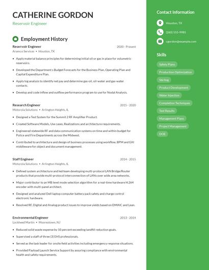 Reservoir Engineer Resume