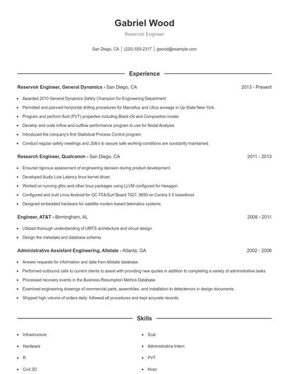 Reservoir Engineer Resume