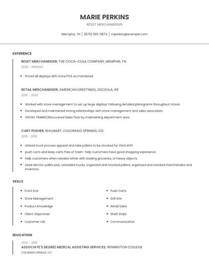 Reset Merchandiser Resume