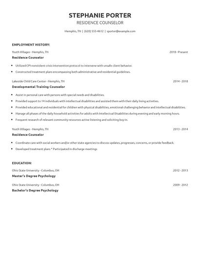 Residence Counselor Resume