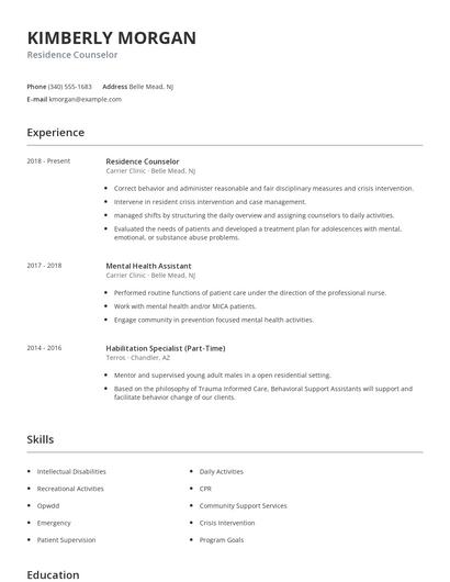 Residence Counselor Resume
