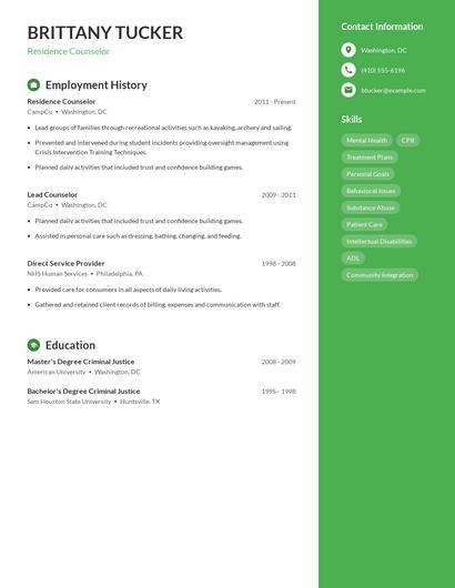 Residence Counselor Resume