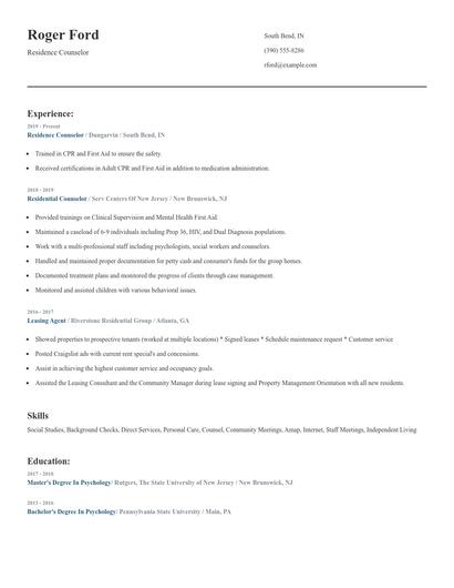Residence Counselor Resume