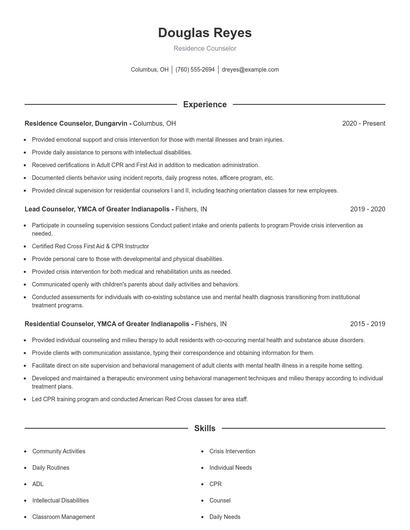 Residence Counselor Resume