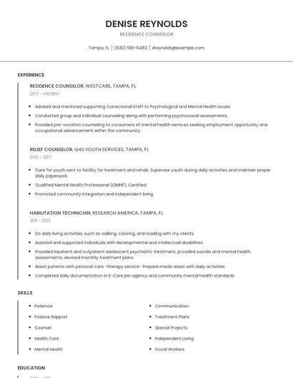 Residence Counselor Resume