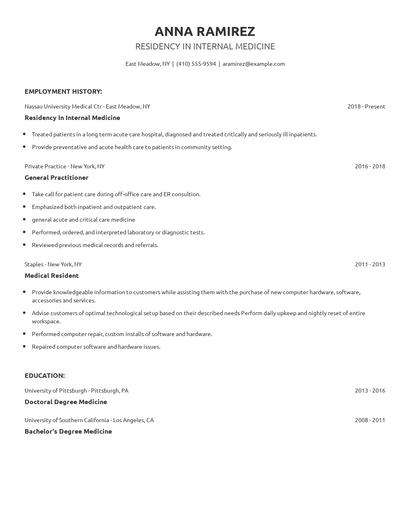 Residency In Internal Medicine Resume