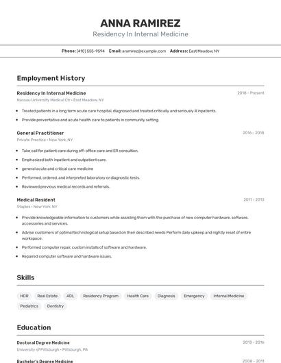 Residency In Internal Medicine Resume