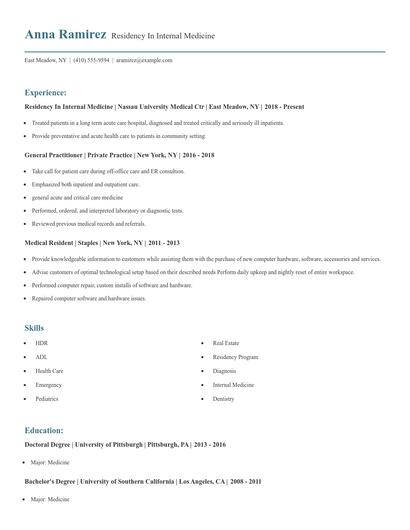 Residency In Internal Medicine Resume