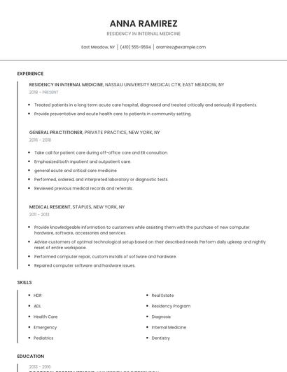 Residency In Internal Medicine Resume