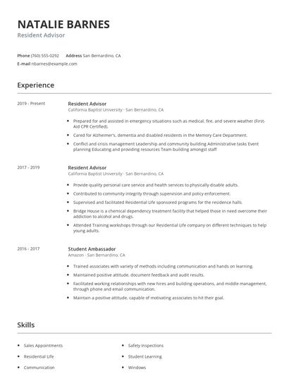 Resident Advisor Resume