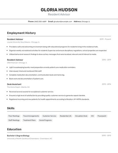 Resident Advisor Resume