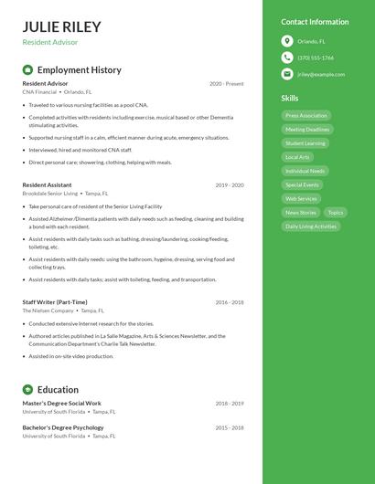 Resident Advisor Resume