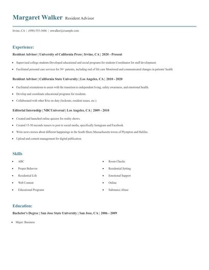 Resident Advisor Resume